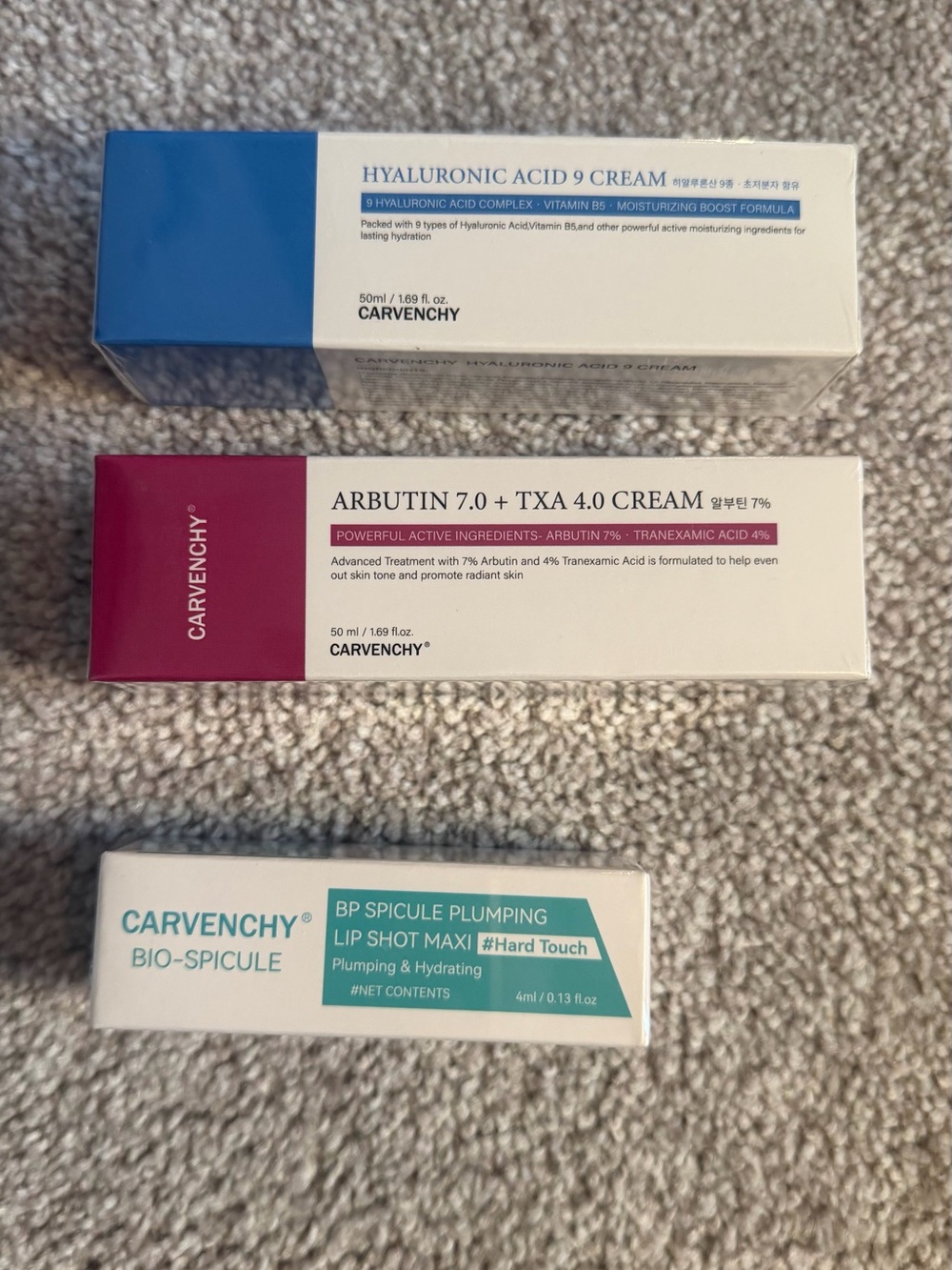 Hyaluronic Acid cream, Arbutin 7.0 + TXA 4.0 cream, BP spicule plumping lip shot
